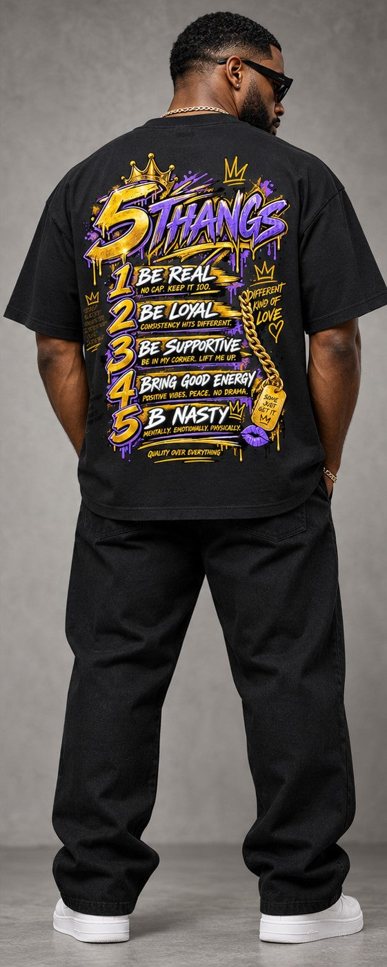 5 Thangs for a Que tee — back graphic: 5 Thangs list