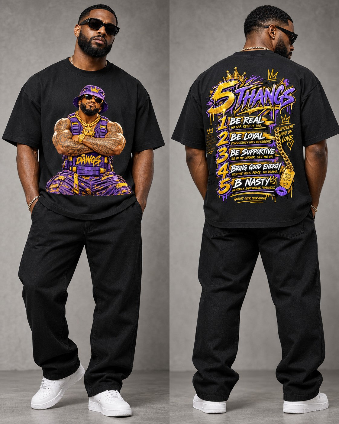 5 Thangs for a Que tee — front and back on model