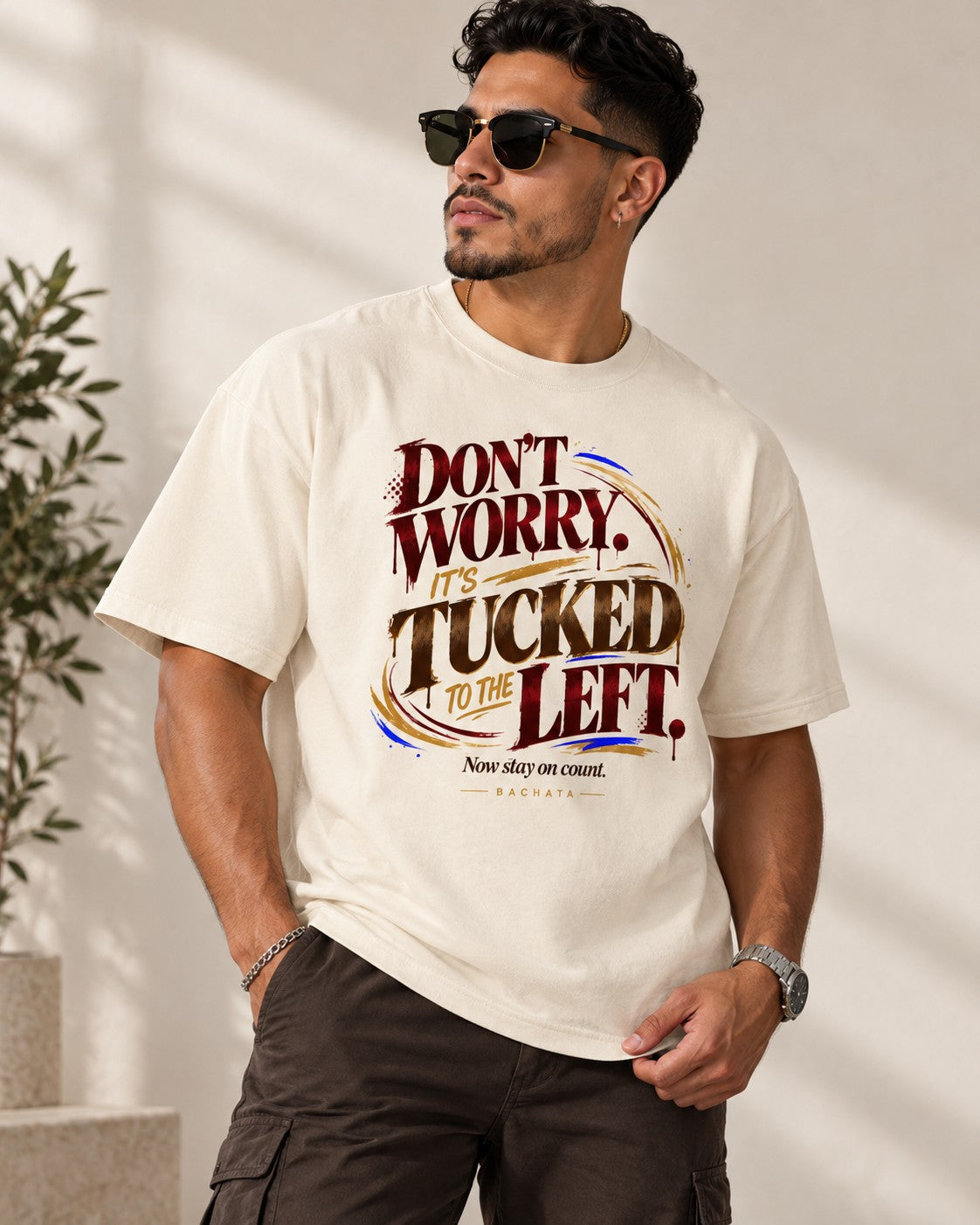 Bachata Tucked tee — front graphic on model