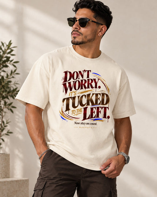 Bachata Tucked tee — front graphic on model
