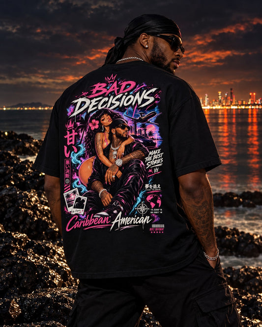 Bad Decisions Pink tee — back graphic on model at the coast at dusk