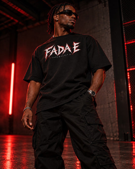 Fada E Power tee — front, Fada E lightning wordmark on model