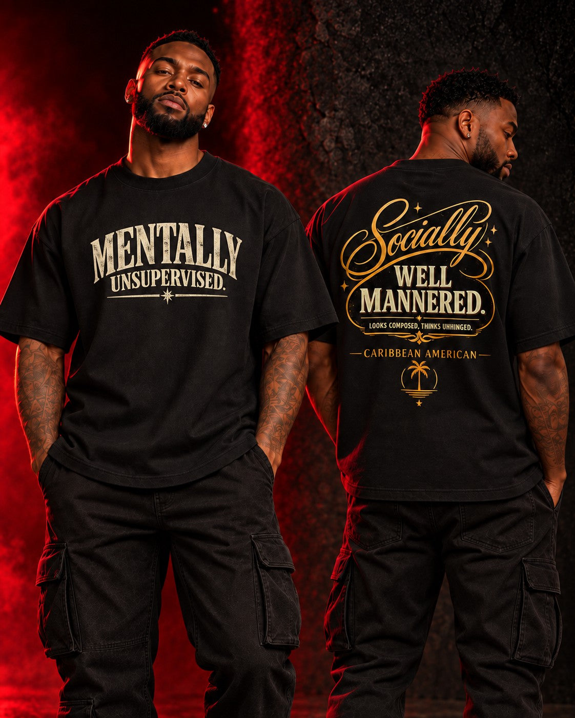 Mentally tee — front and back on model