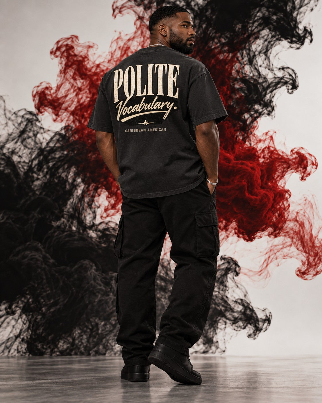 Polite Vocab tee — back, Polite Vocabulary graphic on model