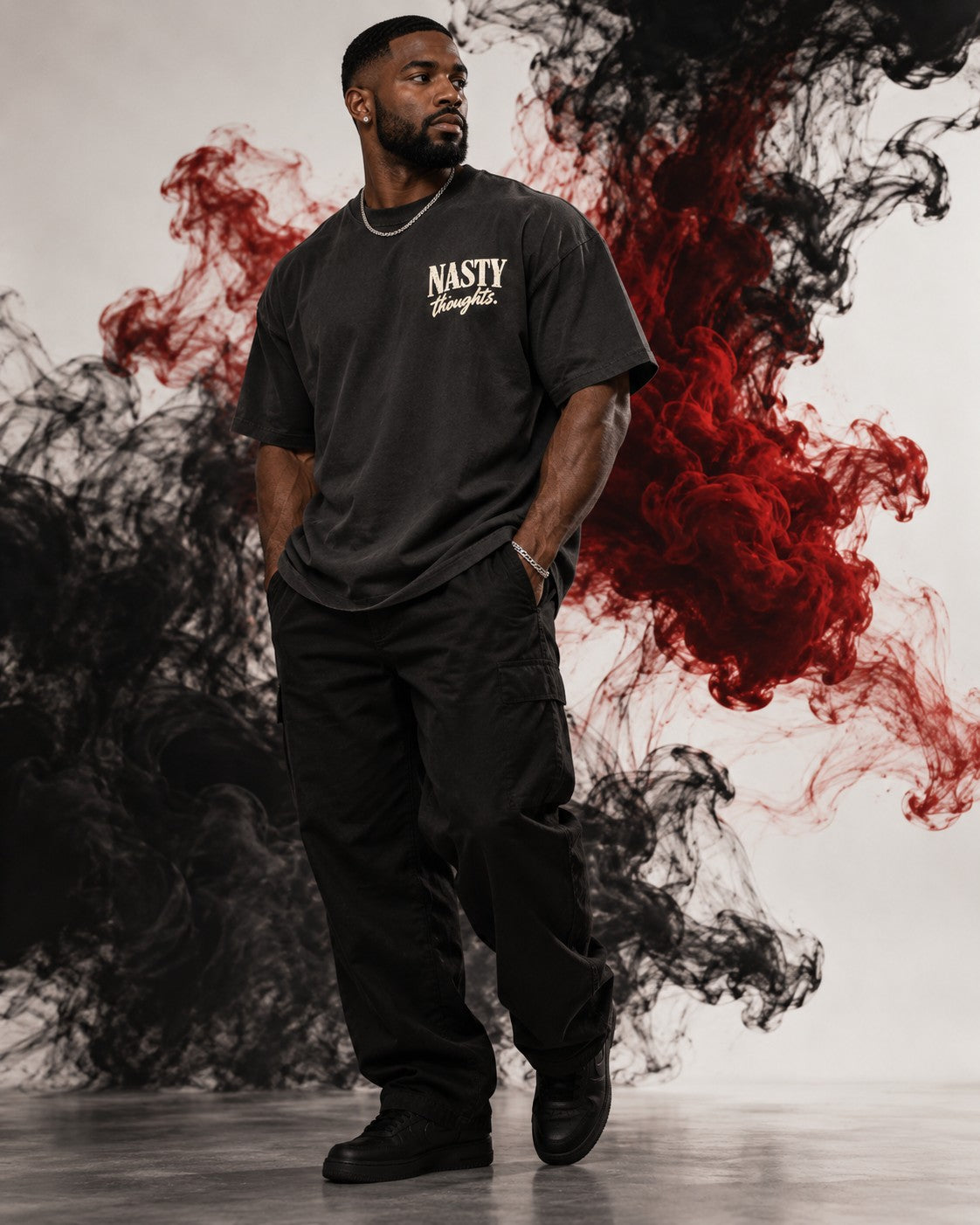 Polite Vocab tee — front, Nasty Thoughts chest print on model