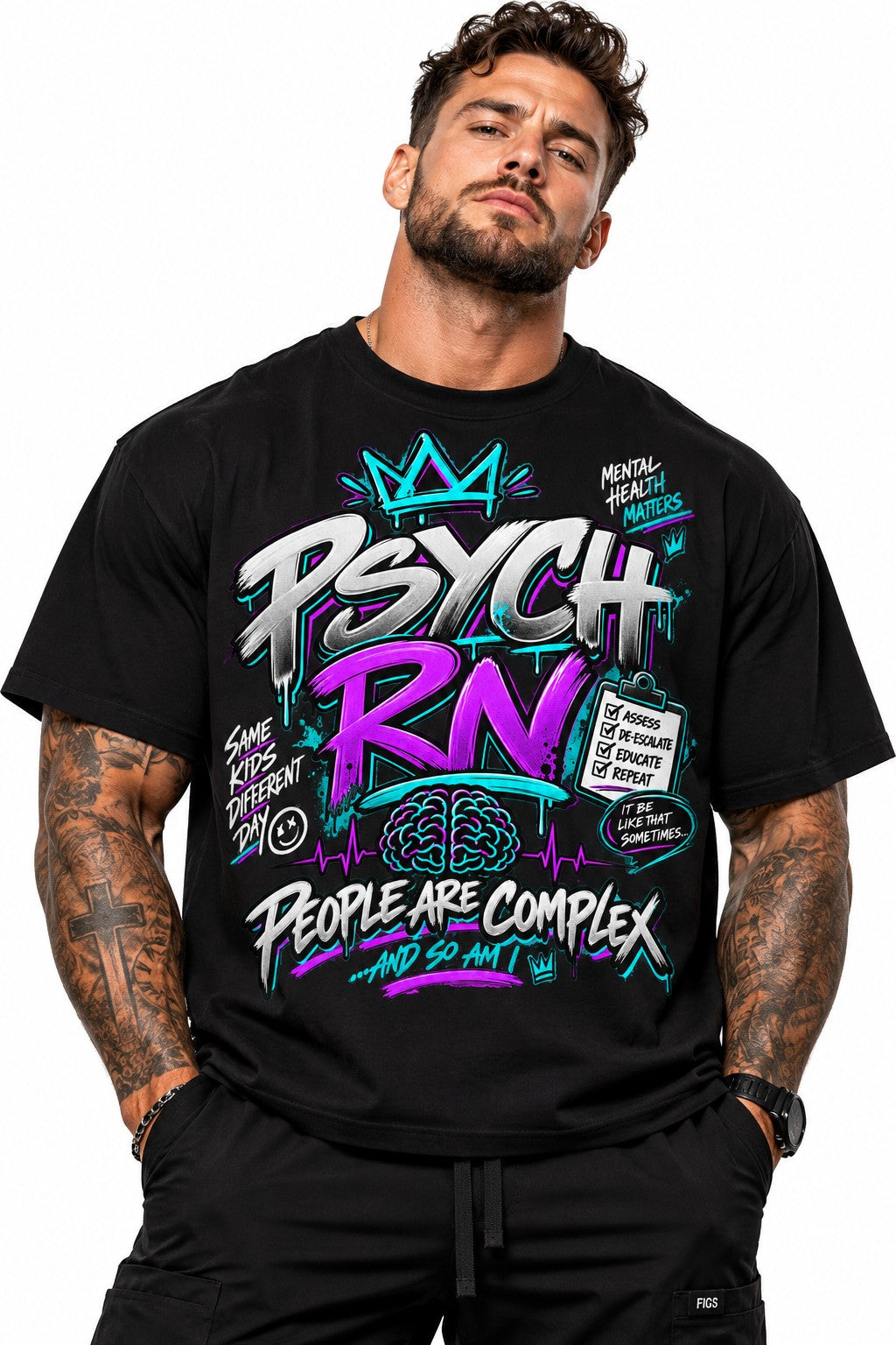 Psych RN PRC tee — front graphic on model