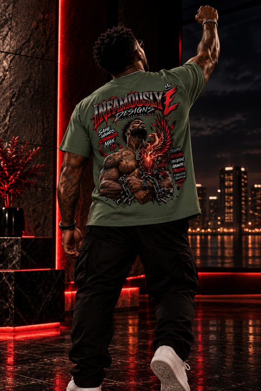 Stronger Man tee — back graphic on model, fist raised