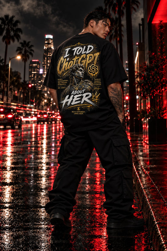 Told Chat tee — back, I Told ChatGPT About Her graphic on model, rainy city night